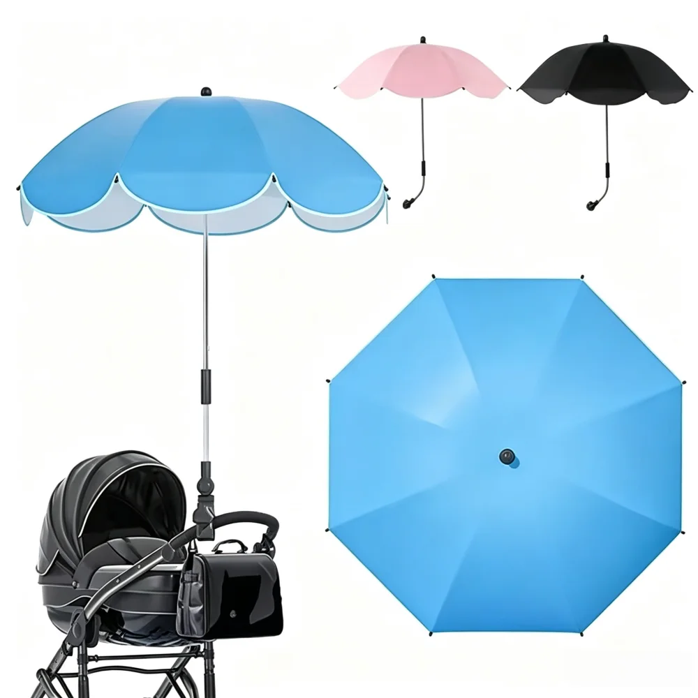 360° Adjustable Baby Stroller Umbrella SPF50+ UV‑Protection Waterproof Universal Clip‑on Parasol Portable Sun Shade Visor for Pram Stroller Baby Carriage Accessories