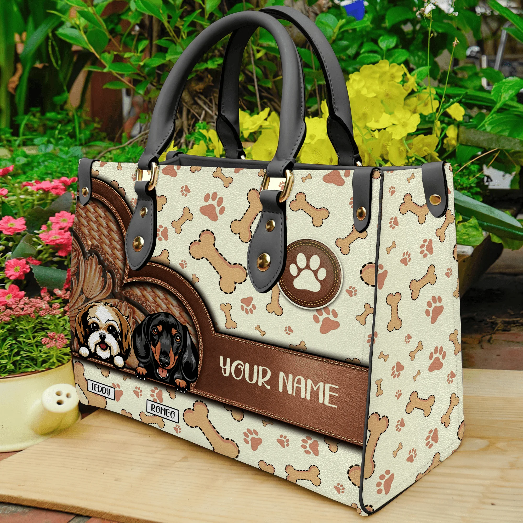 Cute Dogs With Paw Personalized Leather Handbag Custom Gift for Dog Lover Birthday Gift for Ladies Women Thanksgiving Christmas