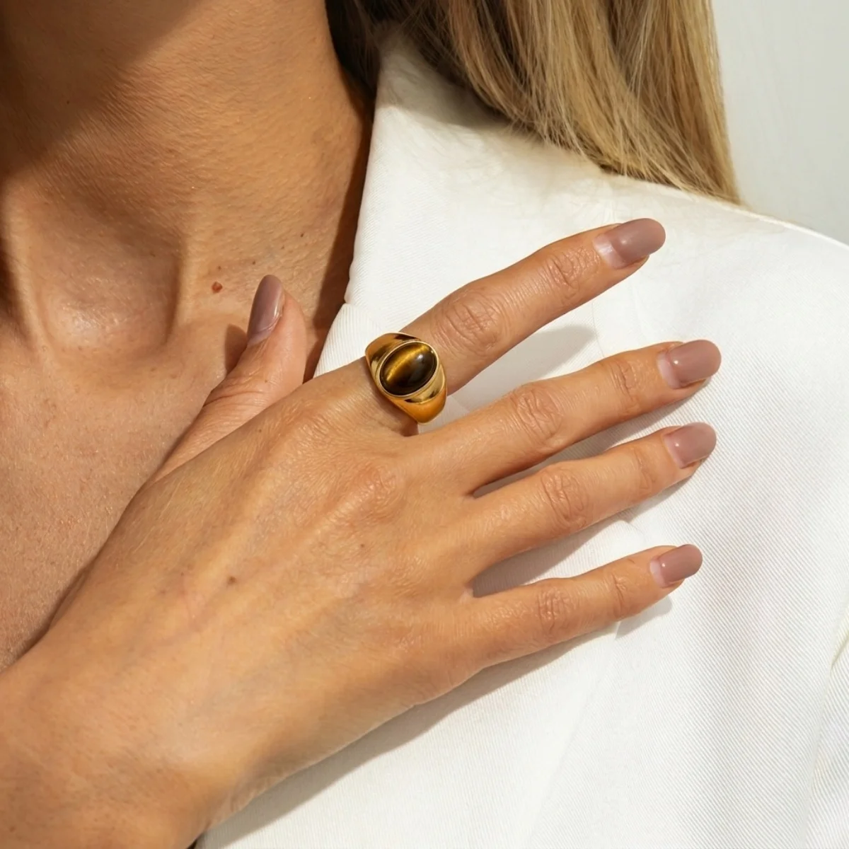 Retro-Ringe mit unregelmäßigem Lava- und Tigerauge-Stein für Damen und Herren, Edelstahl, geometrische Textur, Fingerring, ästhetischer Schmuck – Detail 22