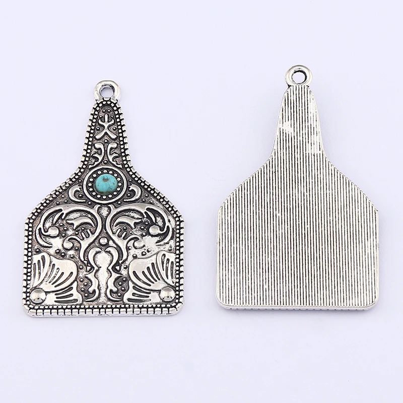 10Pcs Tibetan Silver Turquoise Cow Tag Charms Pendants for DIY Earrings Necklace Jewelry Making Findings Accessories 37x23mm