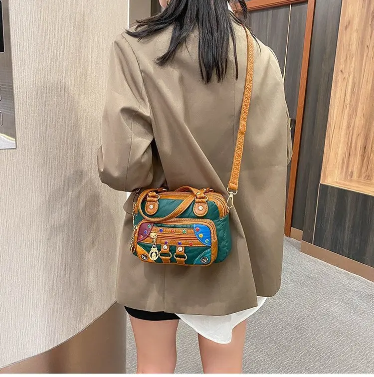 Women's handbag, soft water-washed leather, color-blocked single-shoulder, large-capacity crossbody bag