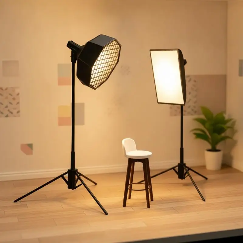 1/12 Dollhouse Mini Studio Light Set with Softbox Tripod Stool Realistic Model for DIY Diorama Photography Display