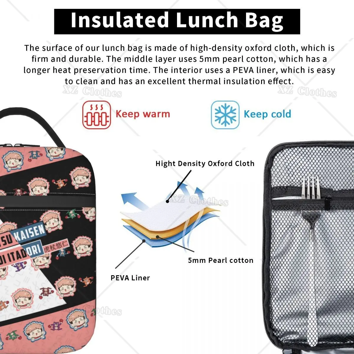 Jujutsu Kaisen Insulated Lunch Tote Bag for Women Men Kids Travel Picnic Storage Food Box Portable Cooler Lunch Box with Pocket