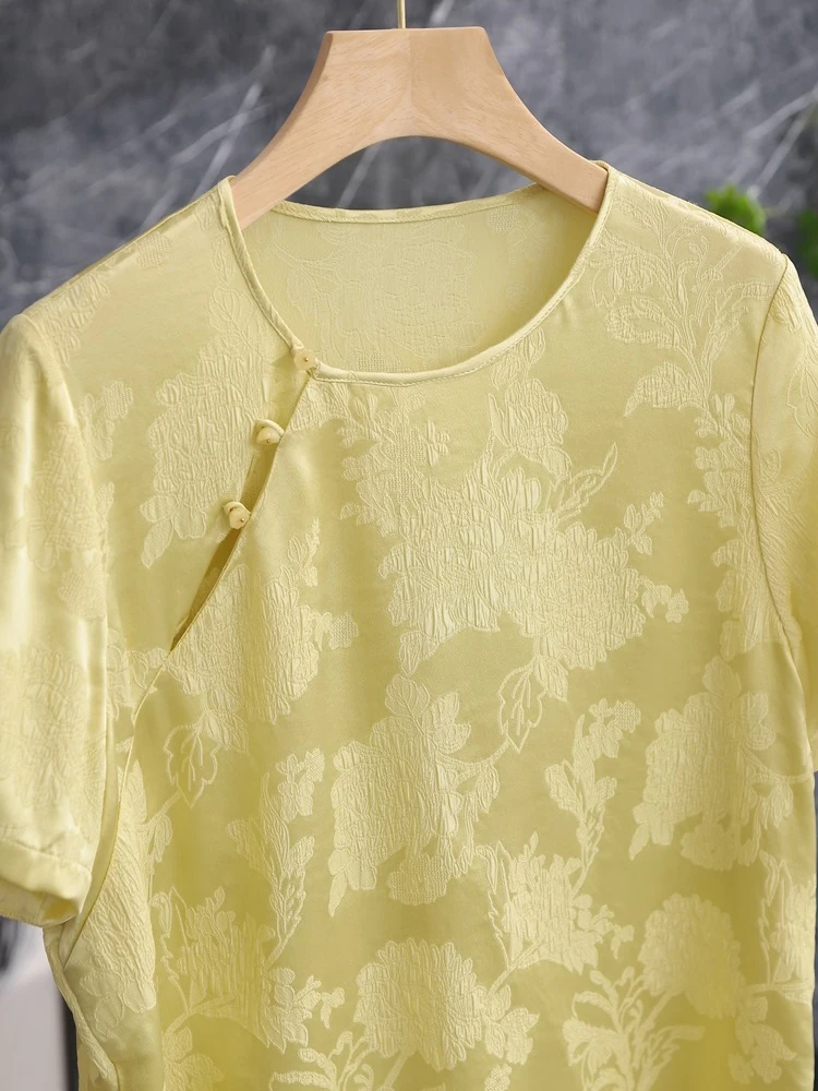 

Super White Floral Tunic Top Silk Corset Short Sleeve Yellow Women's Summer Shirt round Neck Button Detail Asymmetrical Split