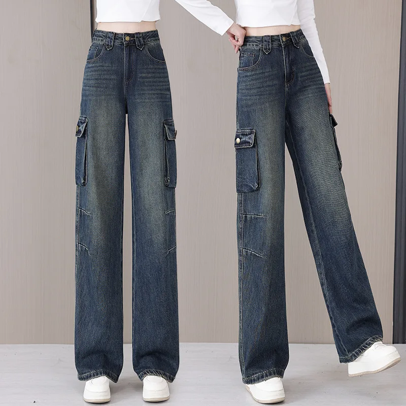 

Vintage Workwear Denim Pants for Women, Spring and Autumn High-Waisted Loose Versatile Draped Narrow Straight Pants