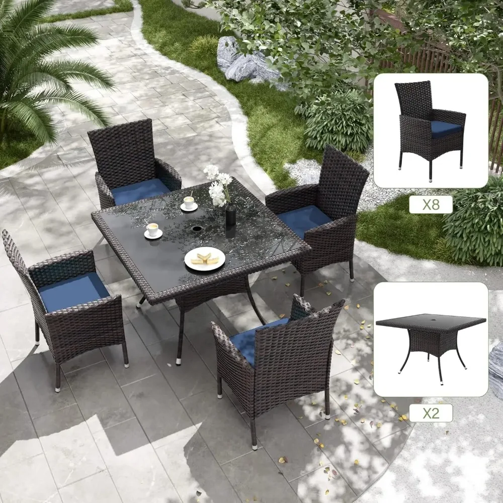 10-Piece Patio Outdoor Dining Set, Wicker Furniture  of 8 Rattan Chairs with Cushions and 2 Square Table with Umbrella Cutout