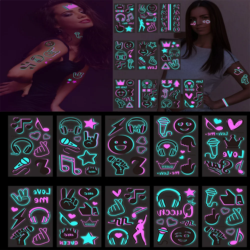 

20sheet Music Temporary Luminous Tattoo Stickers Music Crown Note UV Tattoos Safe and Easy to use in Disco Concert Make up party