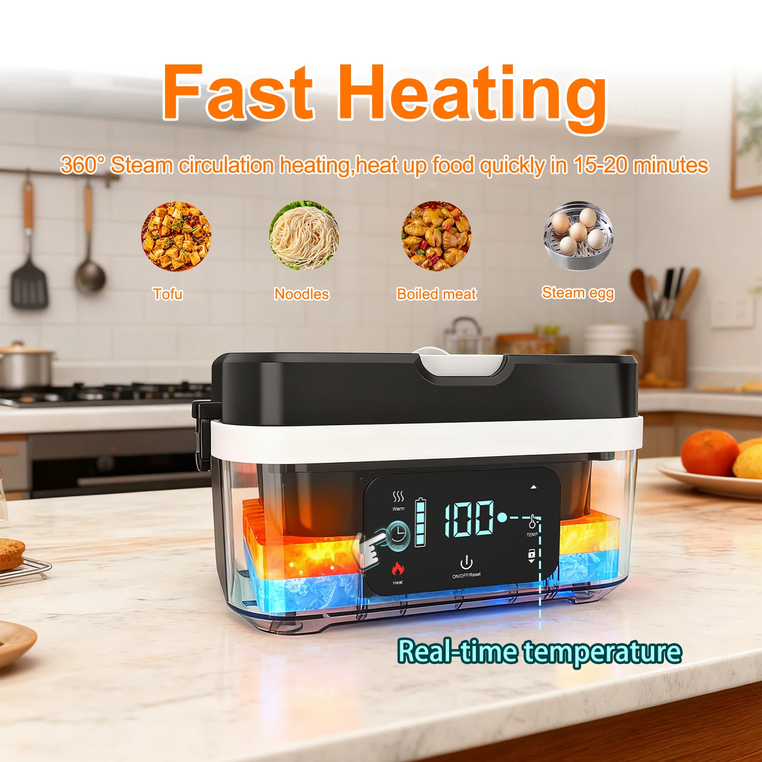 20000mAh Battery Rechargeable 1.5L Stainless Steel 60w Fast Heating Self Heating Lunch Box Portable Lunch Box Cordless for Kids
