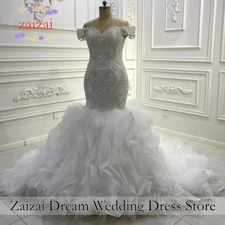 Customized Luxury V Neck Full Pearls Beads Mermaid Wedding Dress Robes De Mariée Off The Shoulder Cascading Ruffles Bridal Go
