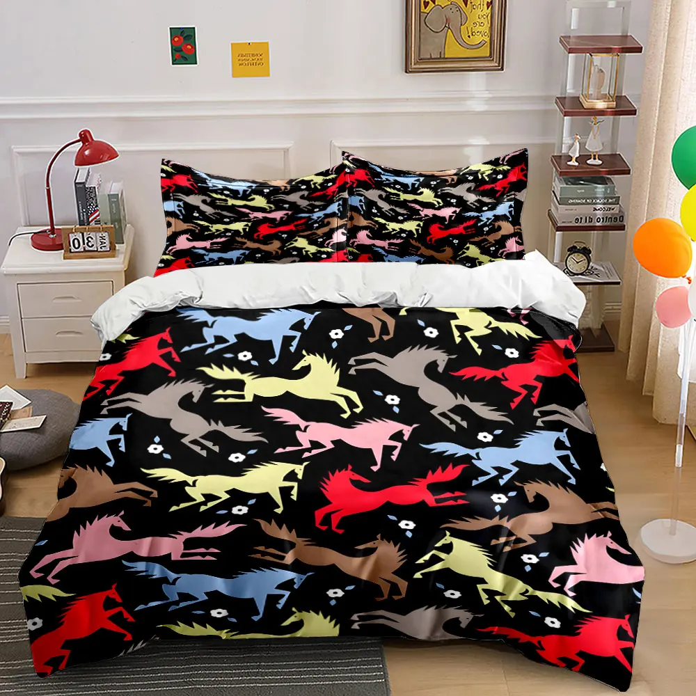 Colorful running horses with flowers Printed Duvet Cover Set 1 Duvet Cover+2 Pillowcase Multi Size Bedroom Bedding Decoration