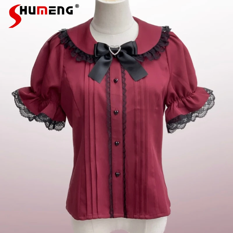 

Original Lolita Cute Wine Red Tops Ladies Japanese Style Mine Mass-Produced Sailor Collar Lace Short Sleeve Shirt Blusa Feminina