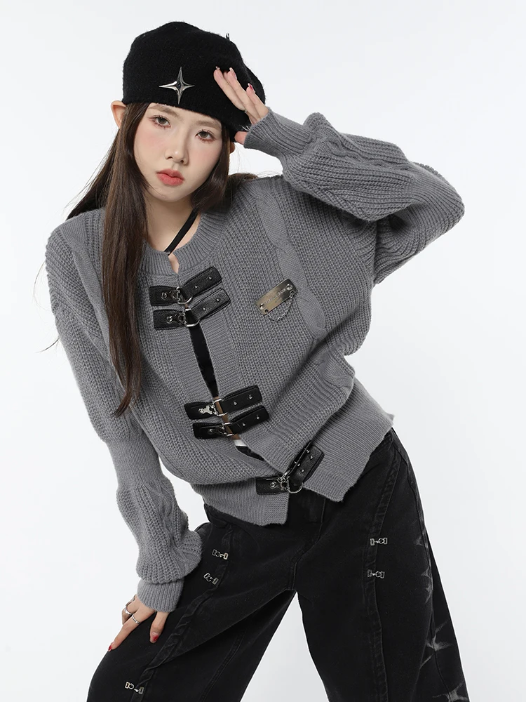 Korean Fashion Winter Women\'s Knitting Y2K Loose Preppy Style Cardigan Casual Grey Drawstring Sweater For Femme Clothing