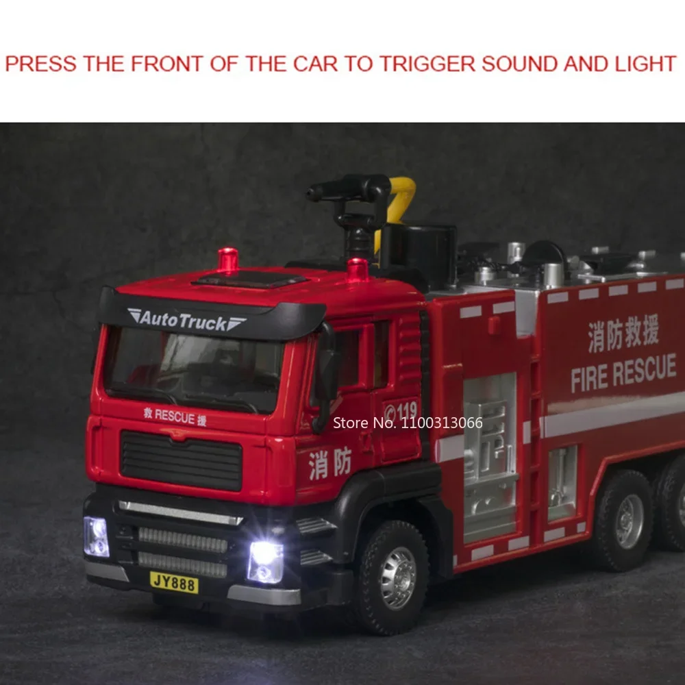 Motor de bomberos con escalera para niños, modelo de coche, rueda de juguete, rociador extraíble, camión de bomberos con música ligera, vehículo de rescate, juguetes educativos, 1/50
