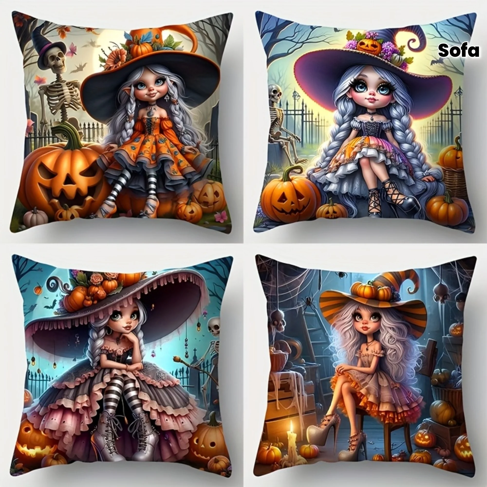 Halloween-Themed Pillow Covers 4 Themed Polyester Pillow Covers with Cute Beautiful Witches, Pumpkin Heads
