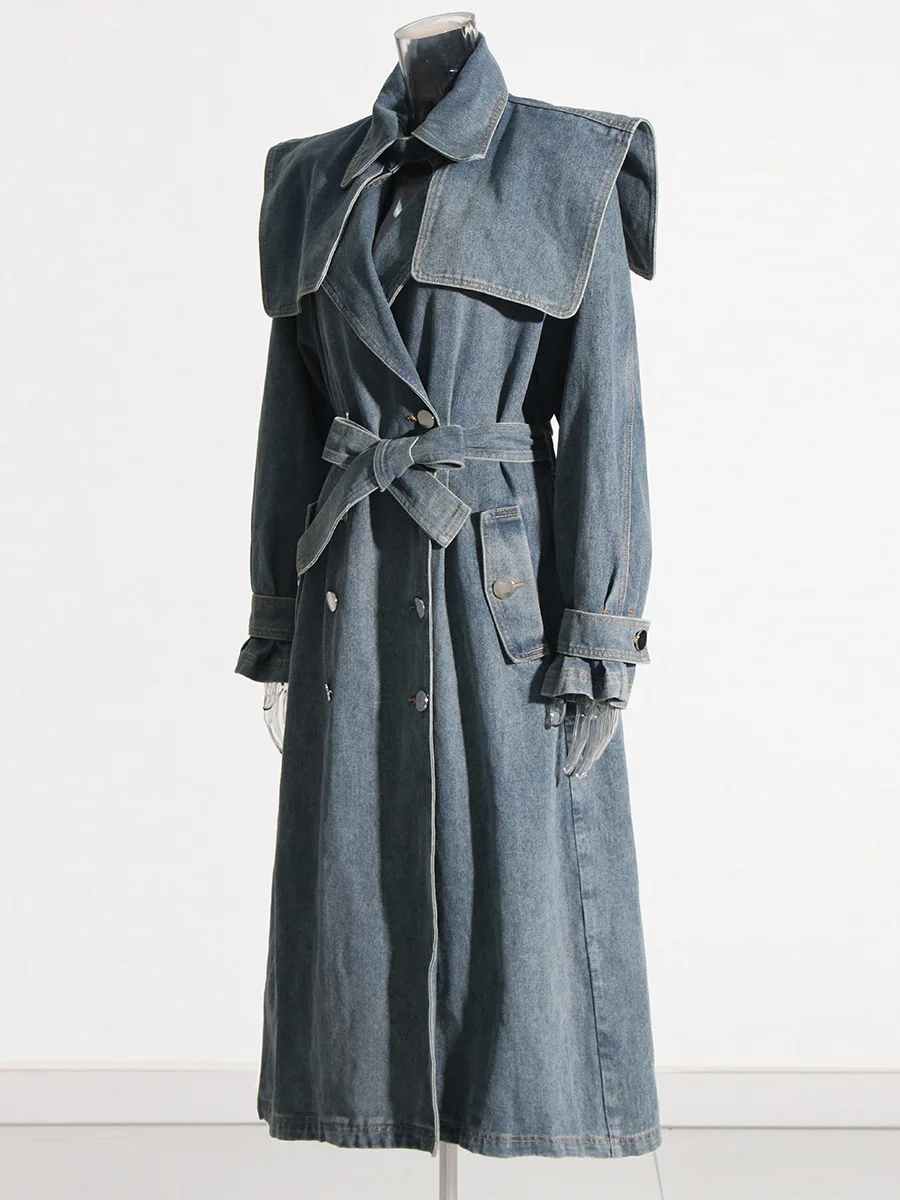 Trench-coat en denim à revers à lacets vintage pour femmes, double boutonnage, taille fine, veste mi-longue