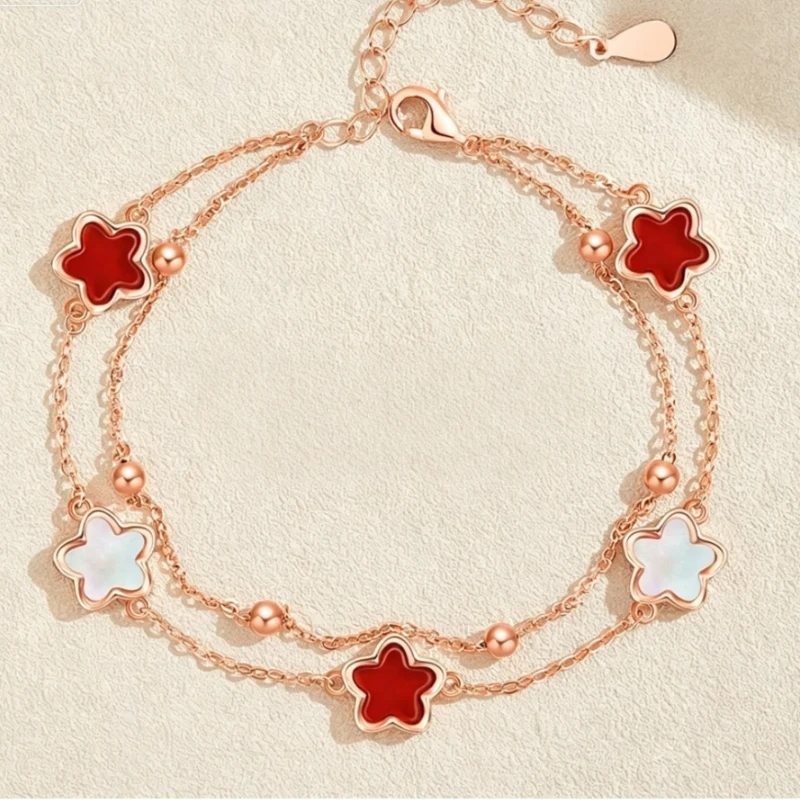 S925 sterling silver lucky five petal flower double layered bracelet women's luxury agate flower bracelet Qixi Valentine's gift