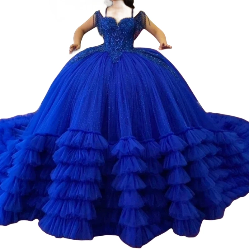 Aaq143 maßge schneiderte königsblaue Quince anera Kleider Frauen schulter frei Ballkleid Abschluss ball Party kleid Vestido de 15 Anos Festzug tragen