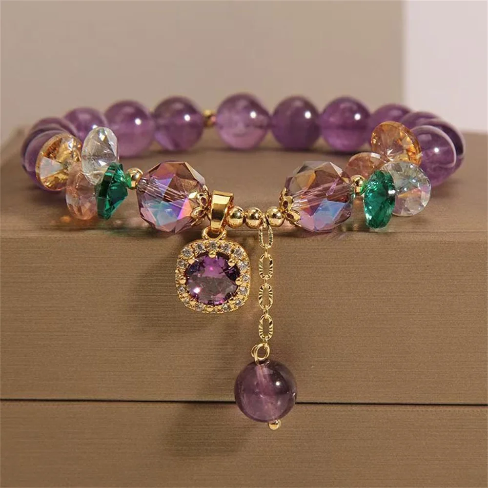 Pulsera de cuentas de cristal morado natural, diseño exclusivo, pulsera de piedra natural curativa como un hermoso regalo simbólico para familiares y amigos