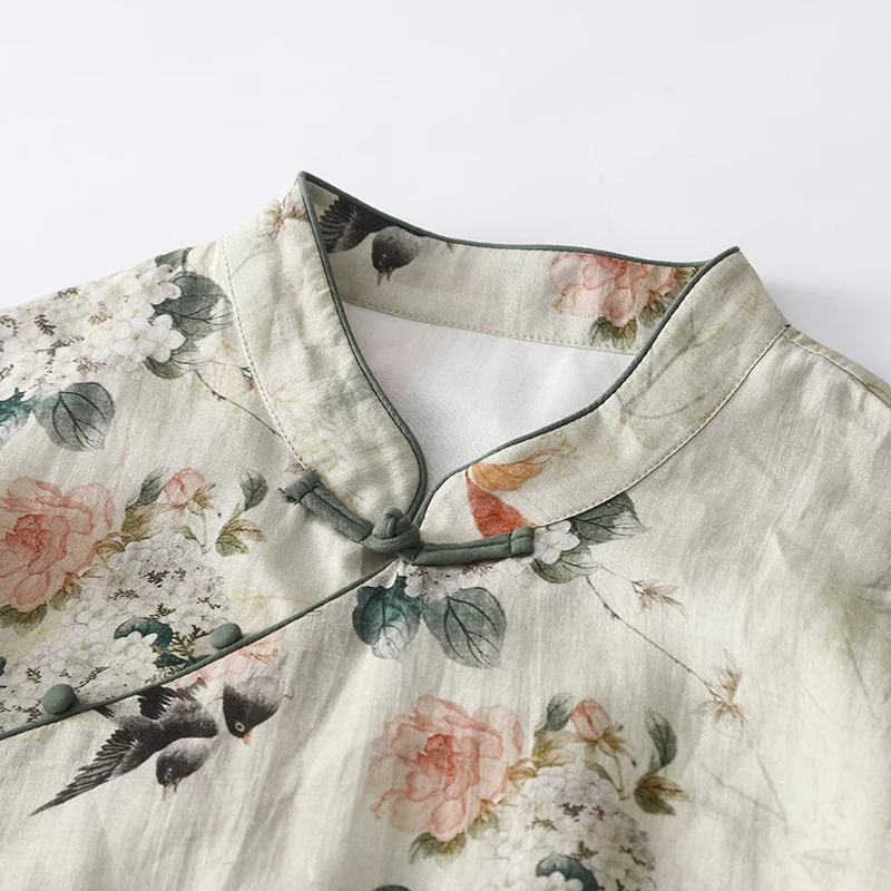 Retro artístico dupla camada emagrecimento Tussah seda Dr com gola assimétrica abotoada na altura do joelho vestido de noite