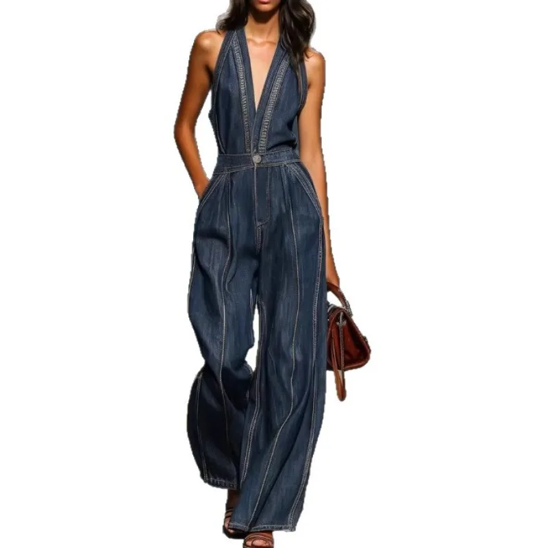 

26New Arrival Fashion V Neck Casual Vintage Sleeveless Wide Leg Denim Jumpsuit Women Elegant Daily Streetwear Plus Size Friendly