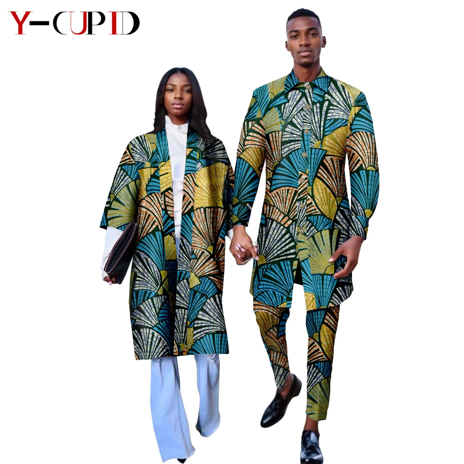 

African Print Dresses for Women Trench Coat Matching Couple Clothes Bazin Riche Men Suits Outfits Jacket and Pants Sets 24C032