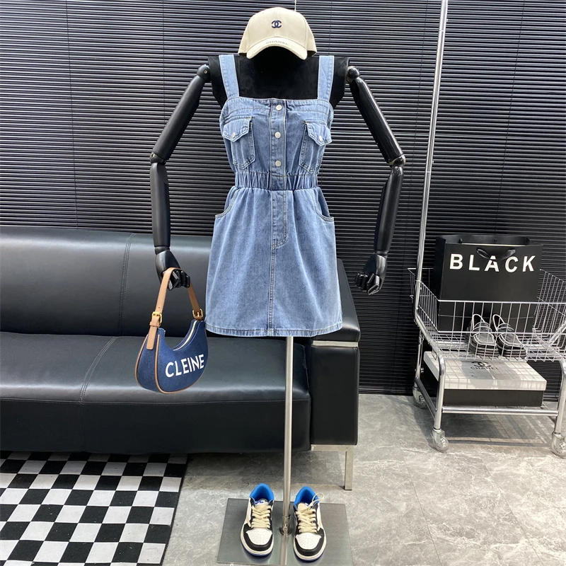 New 2022 fashion Designer new style Famous brand Single breasted Denim suspender dress summer High waist Strap dress