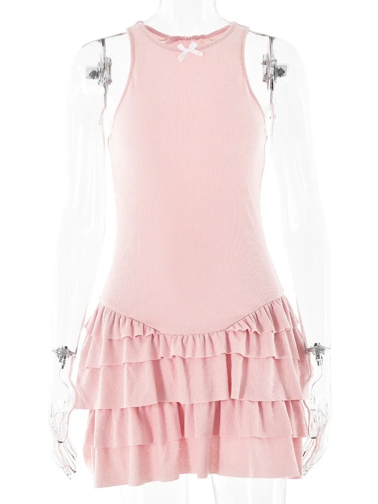 Bow Appliques Dress Woman Y2K Summer Sexy Sleeveless Chic Hem Tierred Solid Ruffles Party Clubwear Skinny Bodycon