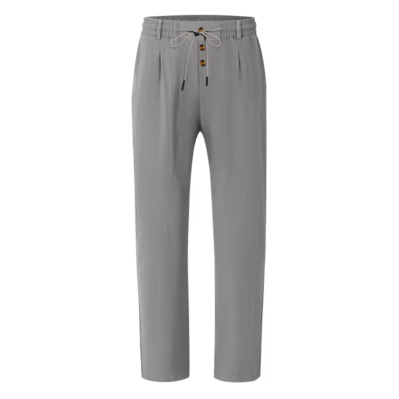 Herren Boho Leinenmischung Weite Hose mit Hoher Taille, Kordelzug, Knopfleiste, Lockerer Passform und Seitentaschen – Detail 4