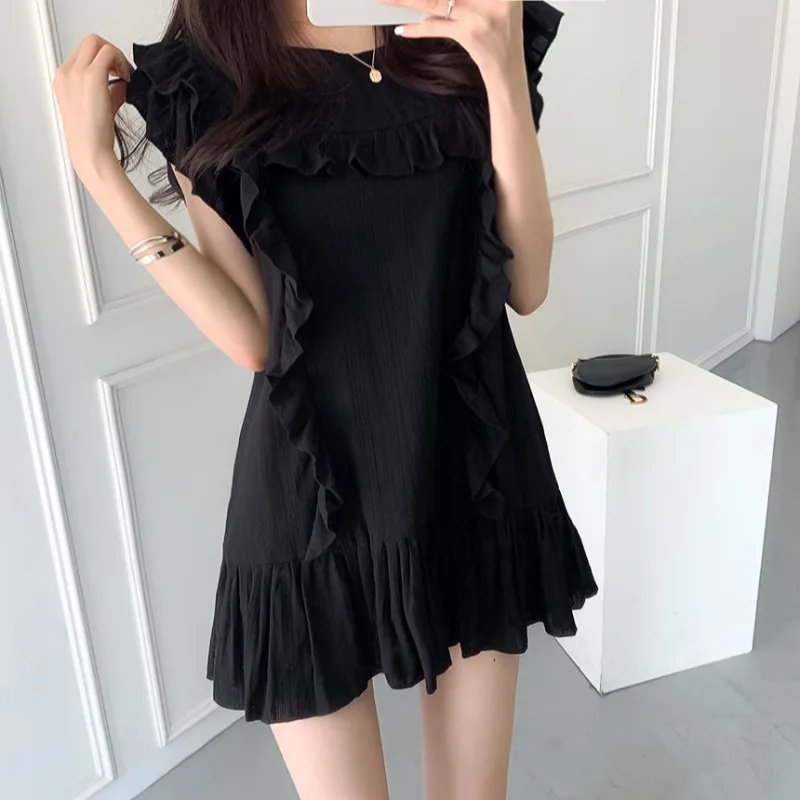 Chic été ort ample femmes Dr avec dentelle garniture Design coréen Sle rond Ne Fly Sve couleur Pure trajet Dr