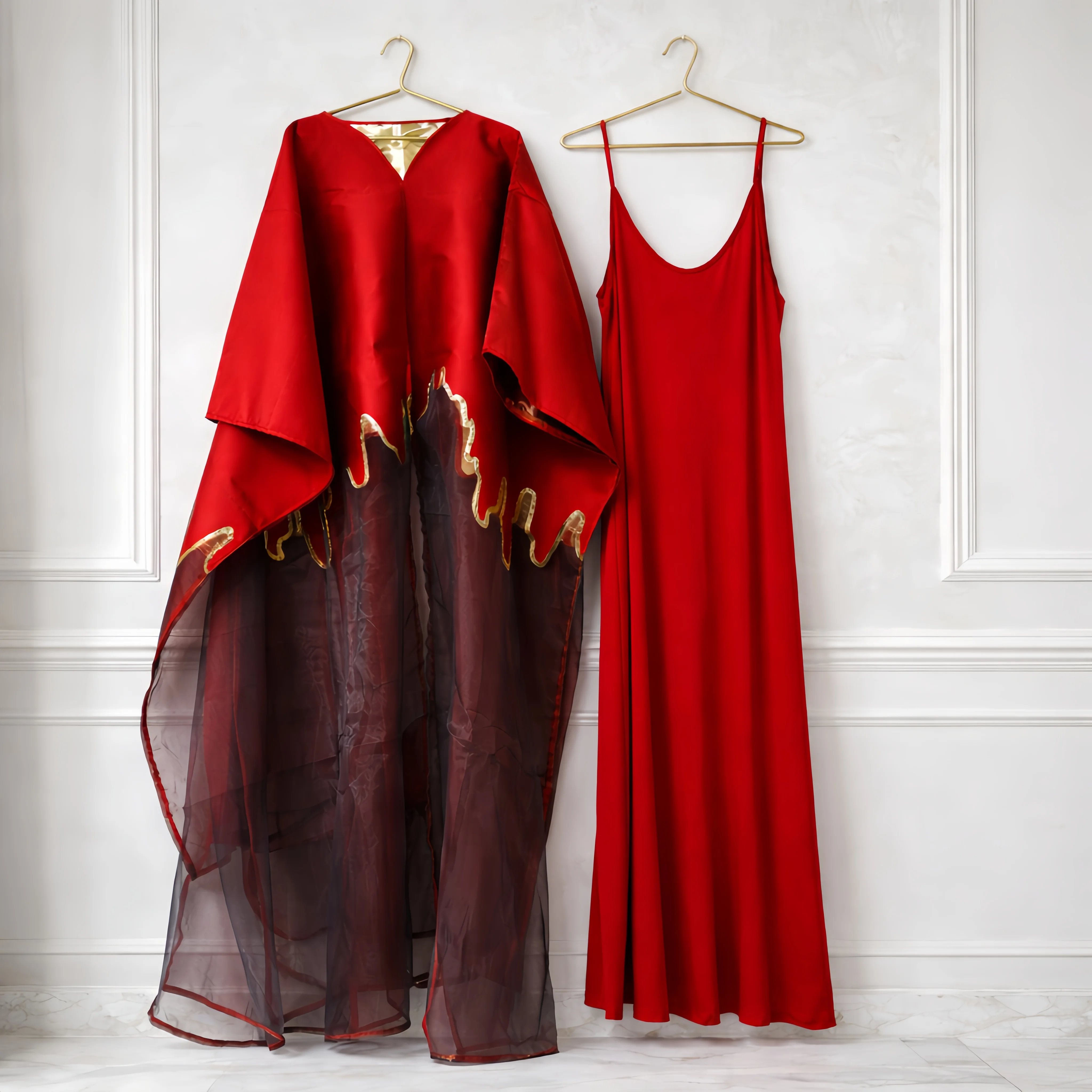

Unique Design 2pcs Middle East Brocade Boubou Dress With Strap Lining African Dashiki Nigeria Red Bride Wedding Mesh Long Robe