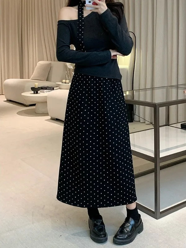 

Модная черная юбка А-силуэта в горошек для женщин больших размеров, осенне-зимняя, с высокой талией, прикрывающая бедра, повседневная, из полиэстера