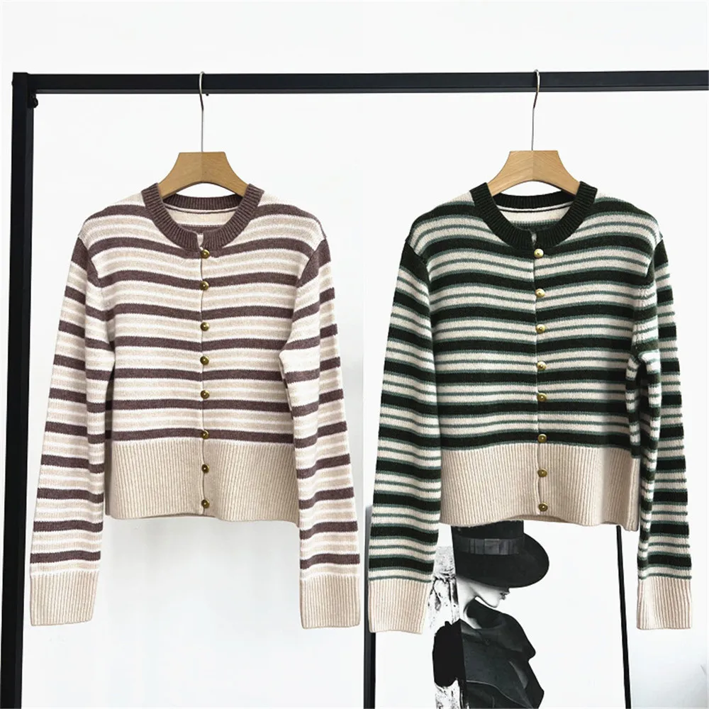 

New Women's Round Neck Metal Buckle Long Sleeved Loose Contrasting Striped Cashmere Knitted Cardigan Sweater