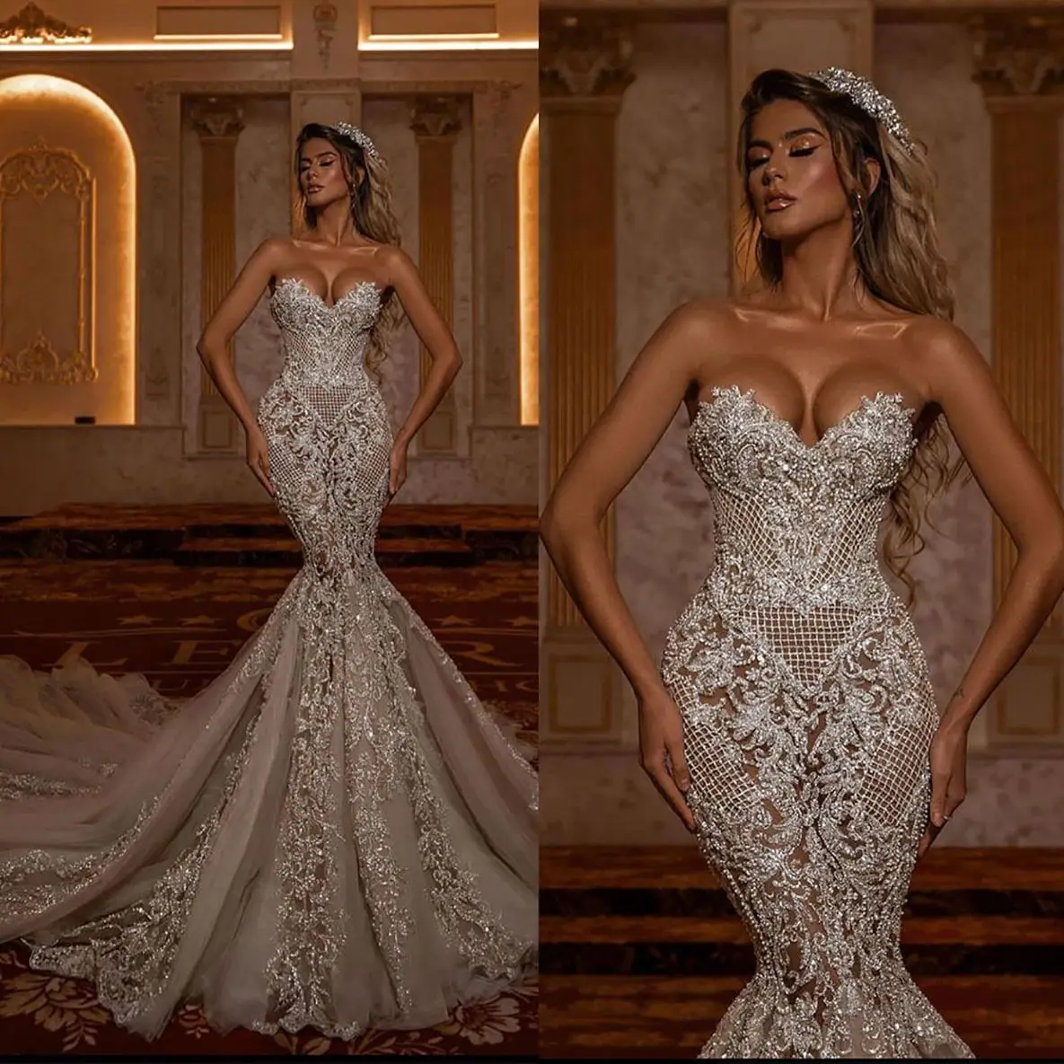 

Wedding Dress Sexy Mermaid Sweetheart Strapless Sequined Lace Court Train Floor Trumpet Bridal Prom Gowns Robe De Soirée 2024