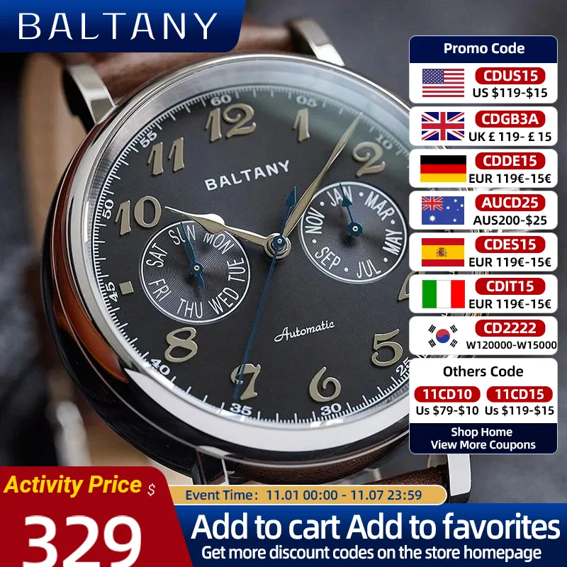 

Baltany Week Month Function Watch Miyota 9122 Movement Vickers 500HV 50M Waterproof Sapphire Crystal Men's Mechanical Watches