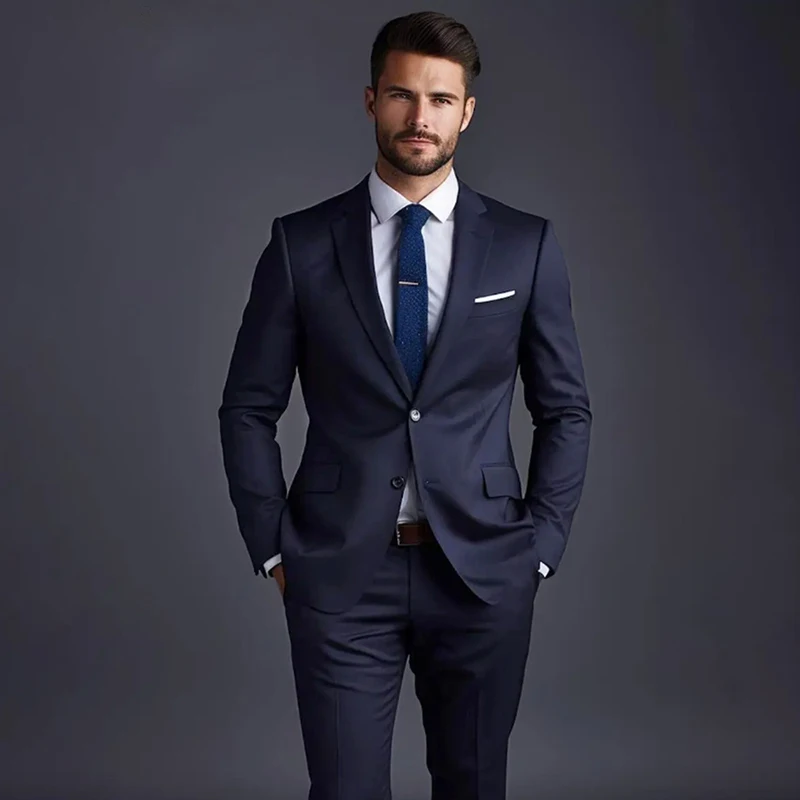 Navy Blue Solid Men Suits Fashion Notch Lapel Single Breasted 2 Piece (Jacket+Pants) Business Casual Office Daily Suit Clothing