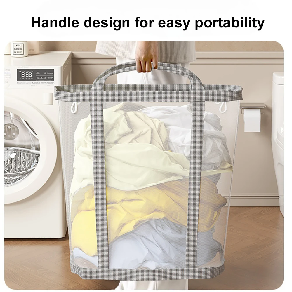 1 قطعة سلة الغسيل الشبكية النايلون مع مقبض تنفس للطي المحمولة الملابس القذرة المنظم أكياس سعة كبيرة حقيبة التخزين
