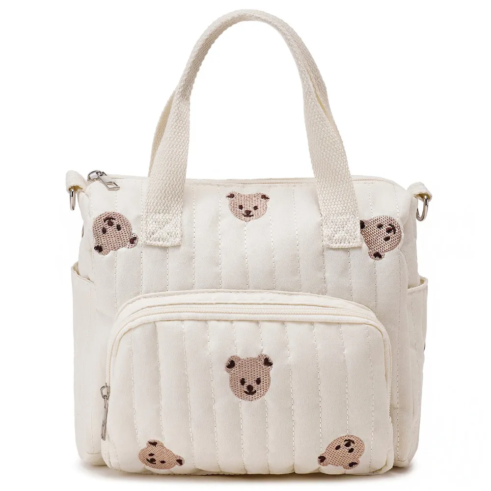 Korean Style Mummy Bag Embroidery Flower Baby Diaper Organizer Multi-pocket Lightweight Quilted Embroidered Shoulder Bag
