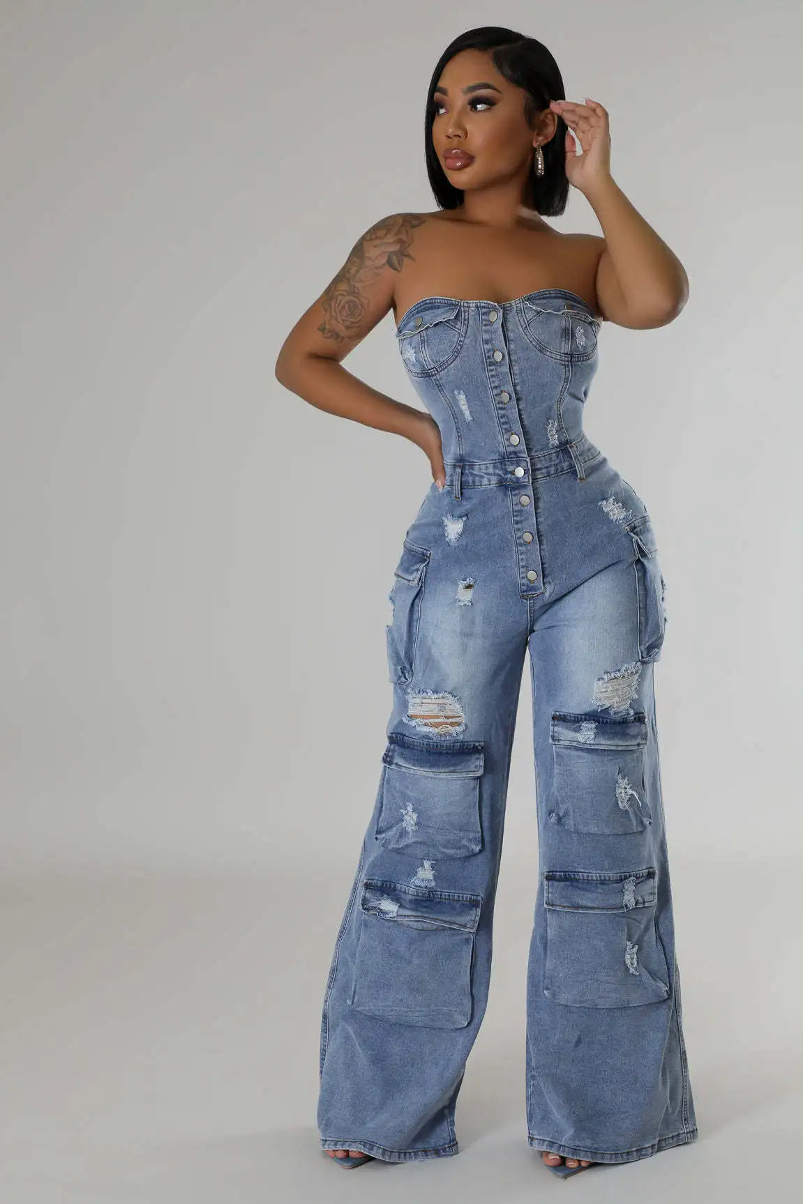 Wide Leg Jeans Stretch Jumpsuit Sexy Women Strapless Elegant Blue Ripped Denim Cargo Overalls Rompers