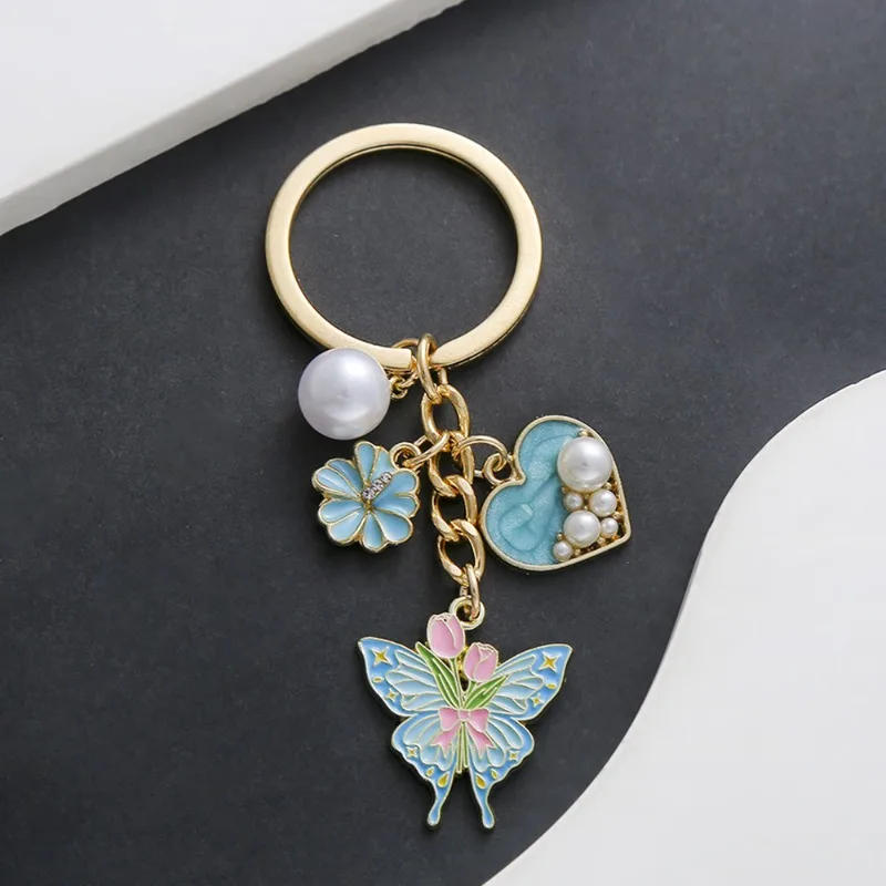 Rose Butterfly Keychain, Lake Blue Love Pearls Keychain Fashion Men Women Car Bag Key Ring Pendant Beautiful Jewelry Gift