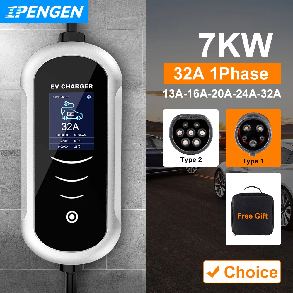 IPENGEN Portable EV Charger Wallbox Type2 Cable 32A 7KW CEE Plug EVSE Type1 Charging Box j1772 Adapter for Electric Vehicle Car