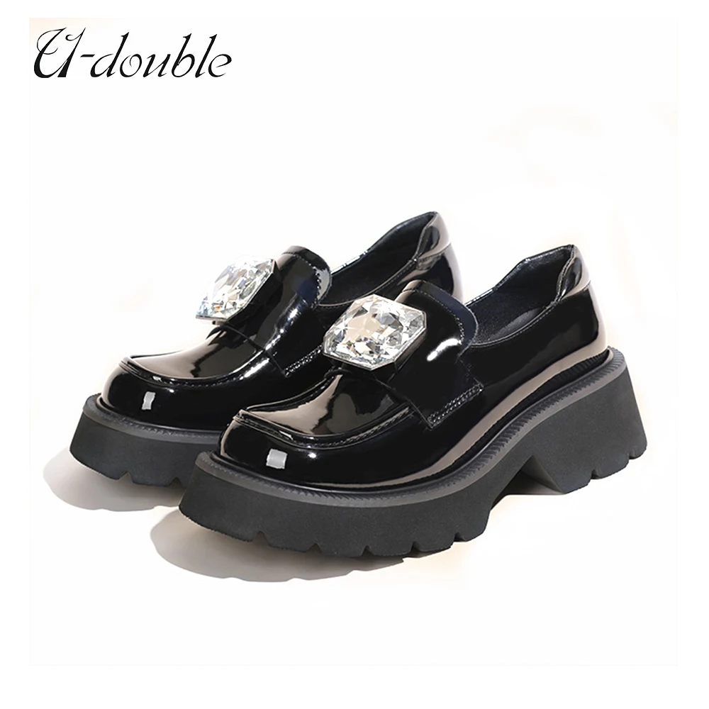 Vintage Women Platform Loafers Rhinestone 2023 New Genuine Leather Chunky Shoes Ladies Casual Retro Boots College Size 33-43