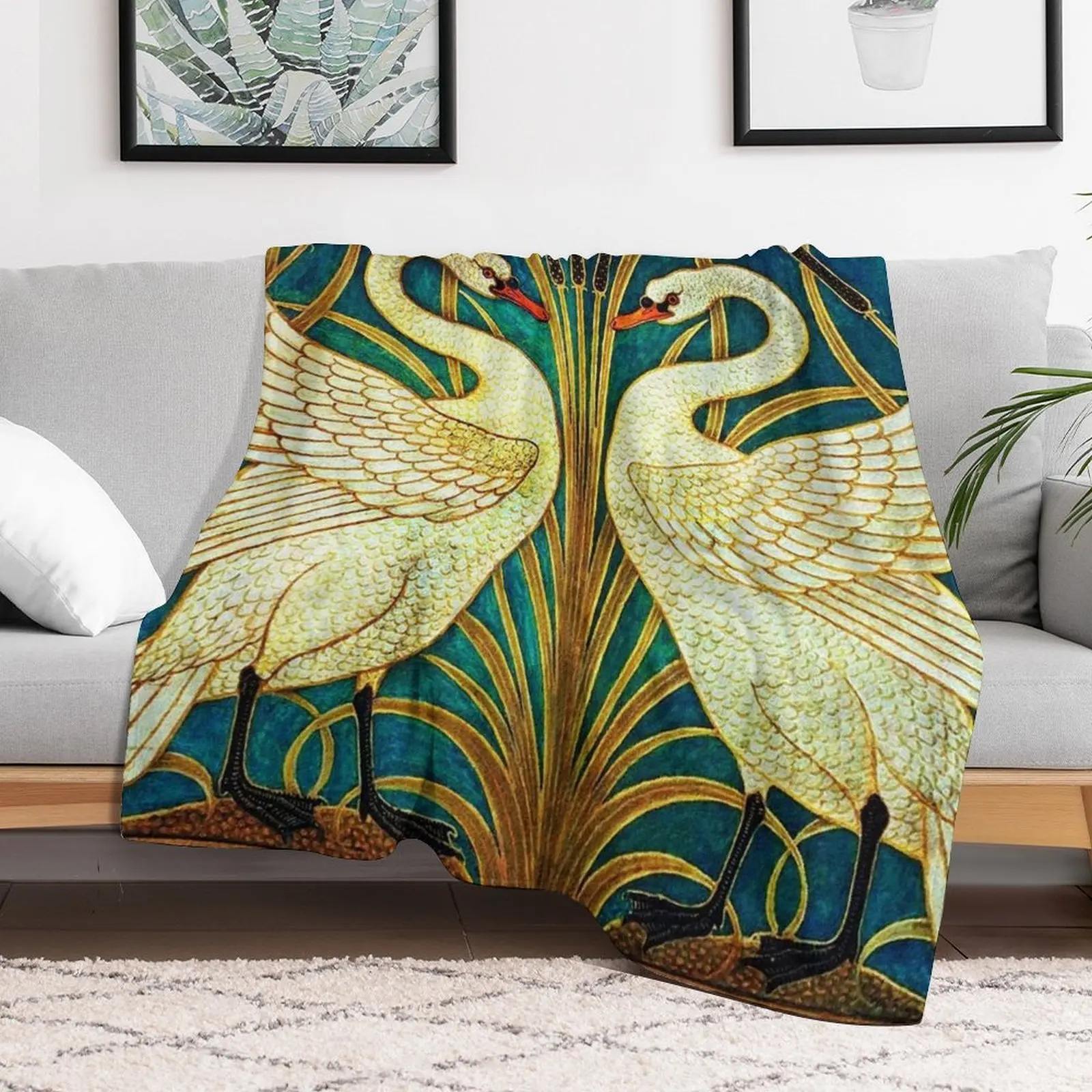 TWO WHITE SWANS AMONG REEDS IN BLUE Art Nouveau Animals Throw Blanket Picnic Custom Sofa Throw Blankets