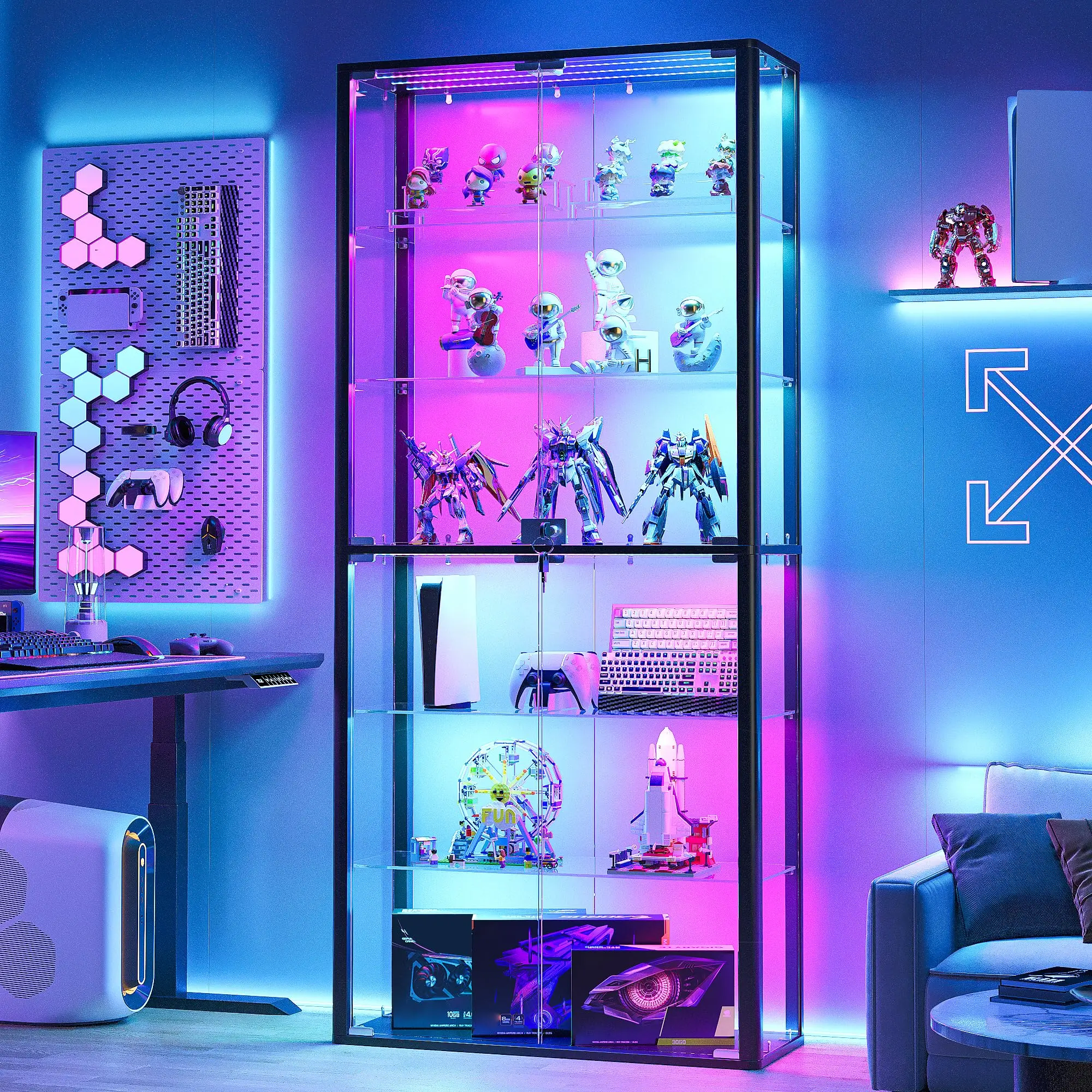 6-Tier Glass Display Cabinet with RGB & Lock for Collectibles,Black