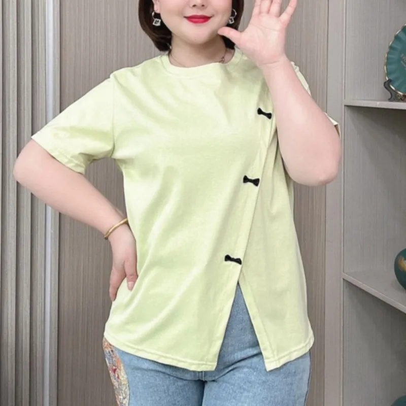 2024 Summer New Plus Size Design Bow Slit short-sleeved T-shirt For Women Ice Cotton Basic Thin Top