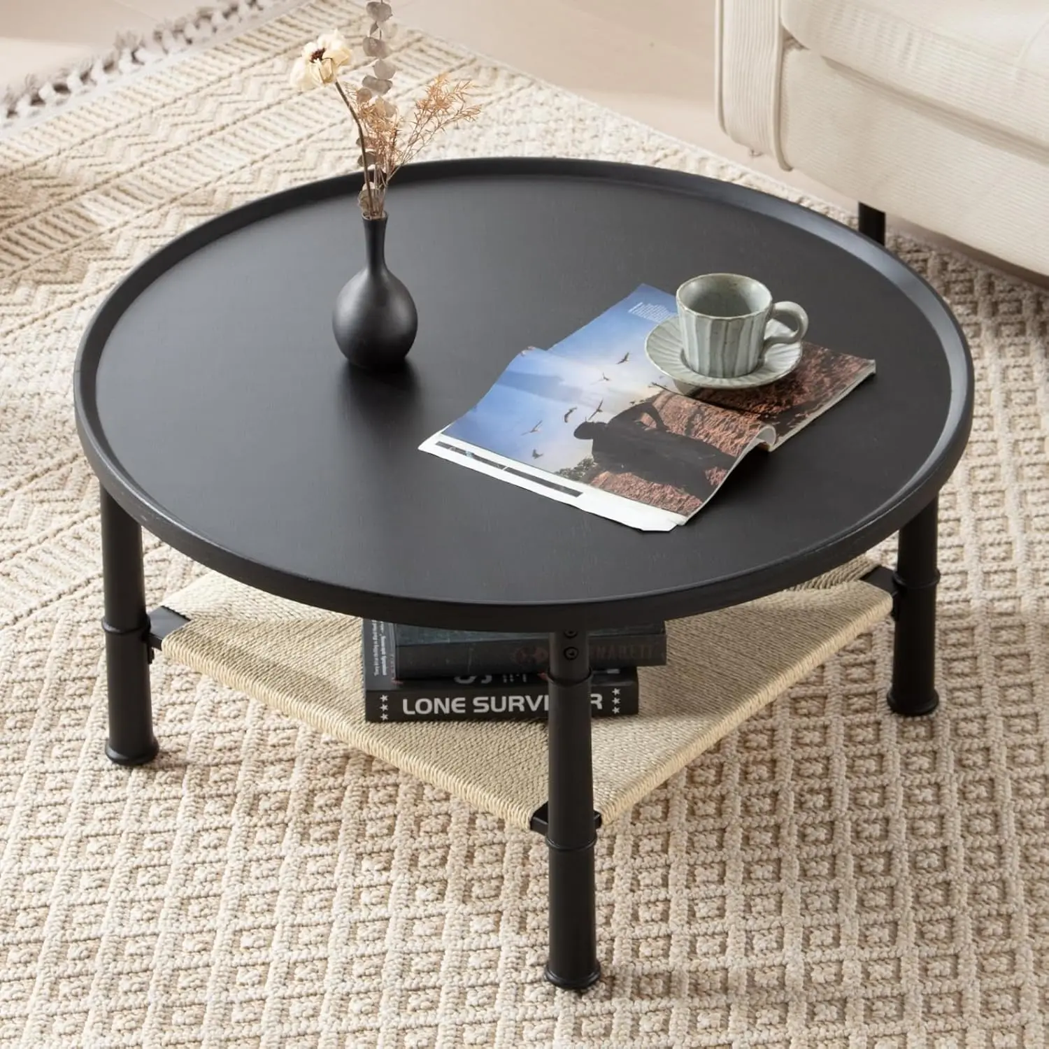 Round Wood Coffee Table for Living Room, Oak Wooden 2 Tier Circle Coffee Table with Storage Farmhouse Coffee Table