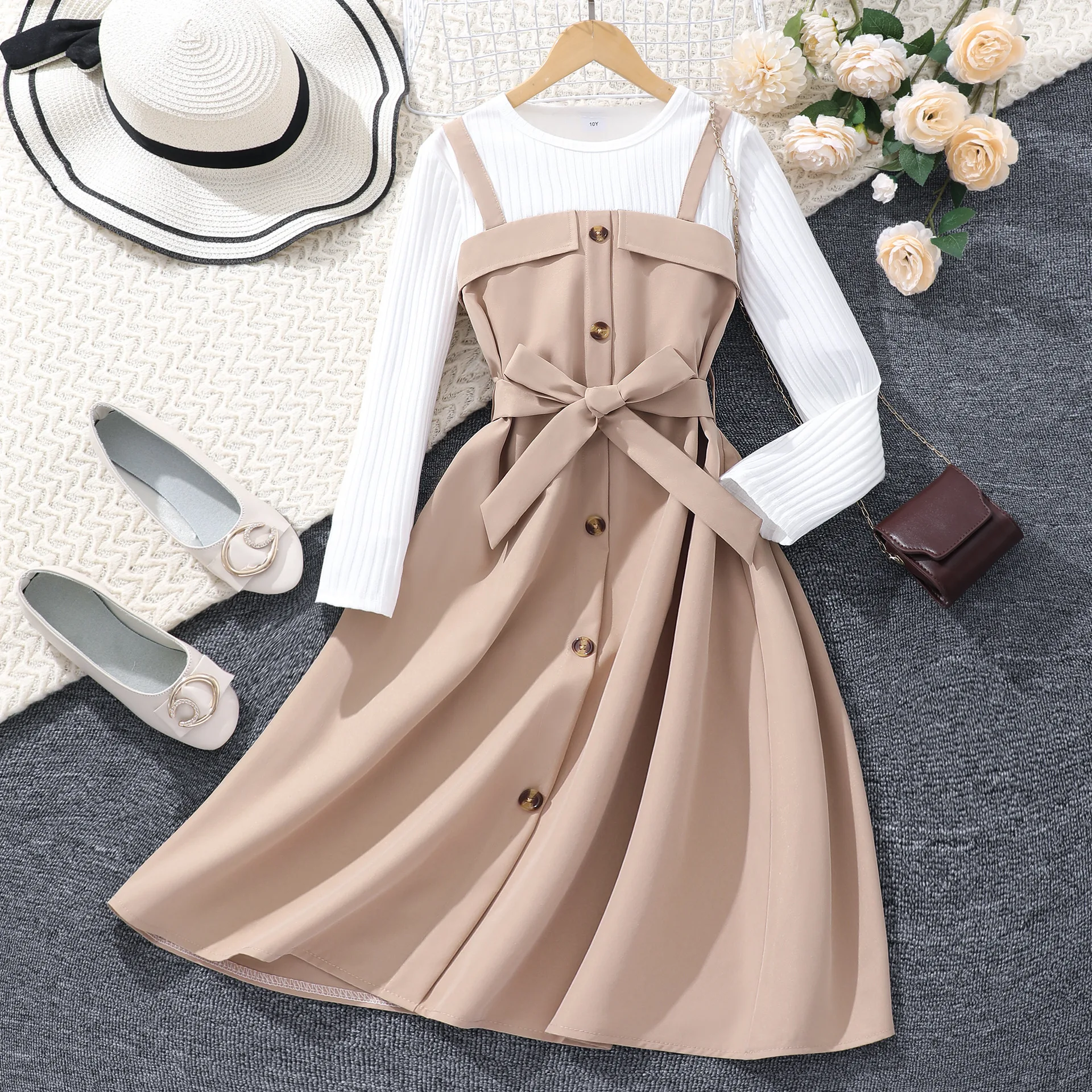 

2025 Children Clothes winter autumn Girls camisole party princess Dress patchwork Kids Long Sleeves braces knitted 4 10 12 year