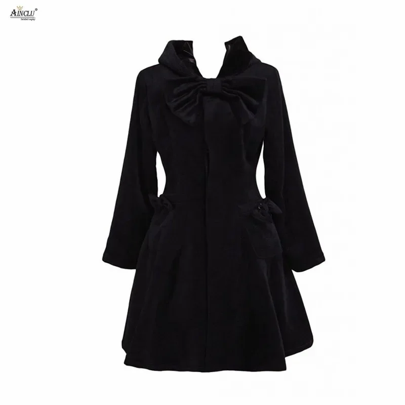 Ainclu XS-XXL Womens Black Wool Bow Long Sleeves Girls's Middle-Long Dress A-line Lolita Outfit/Overcoat for Casual/Party/others