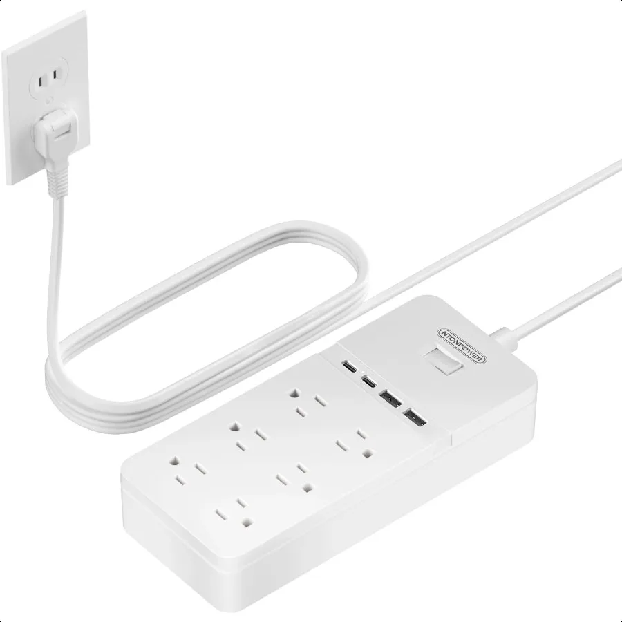 

2 Prong Power Strip with 10ft Extension Cord 2100J Surge Protector 1875W with 6 Outlets 4 USB Ports 2 USB C 3 Prong Outlet Adap