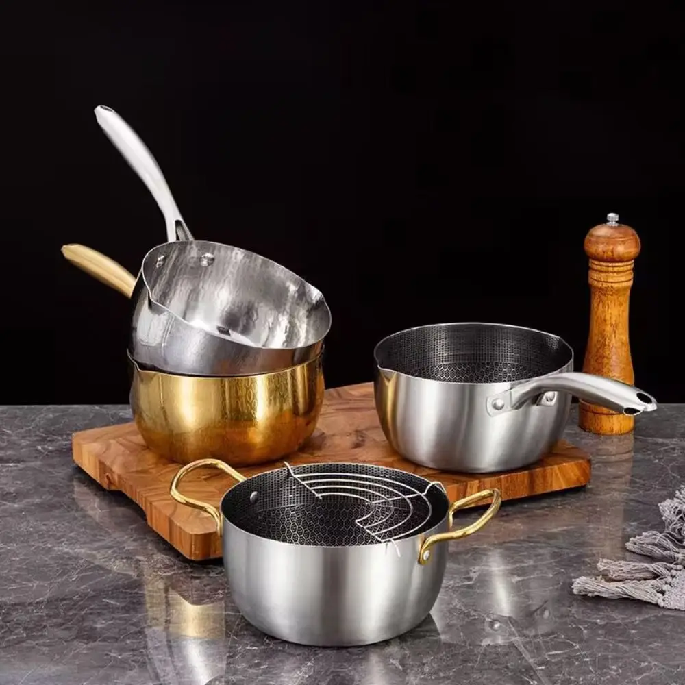 

Cookware Japanese Style Fryer Pan Stainless Steel Versatile Milk Pot Silver with Lid Deep Fryer Pot Butter Melting Pot