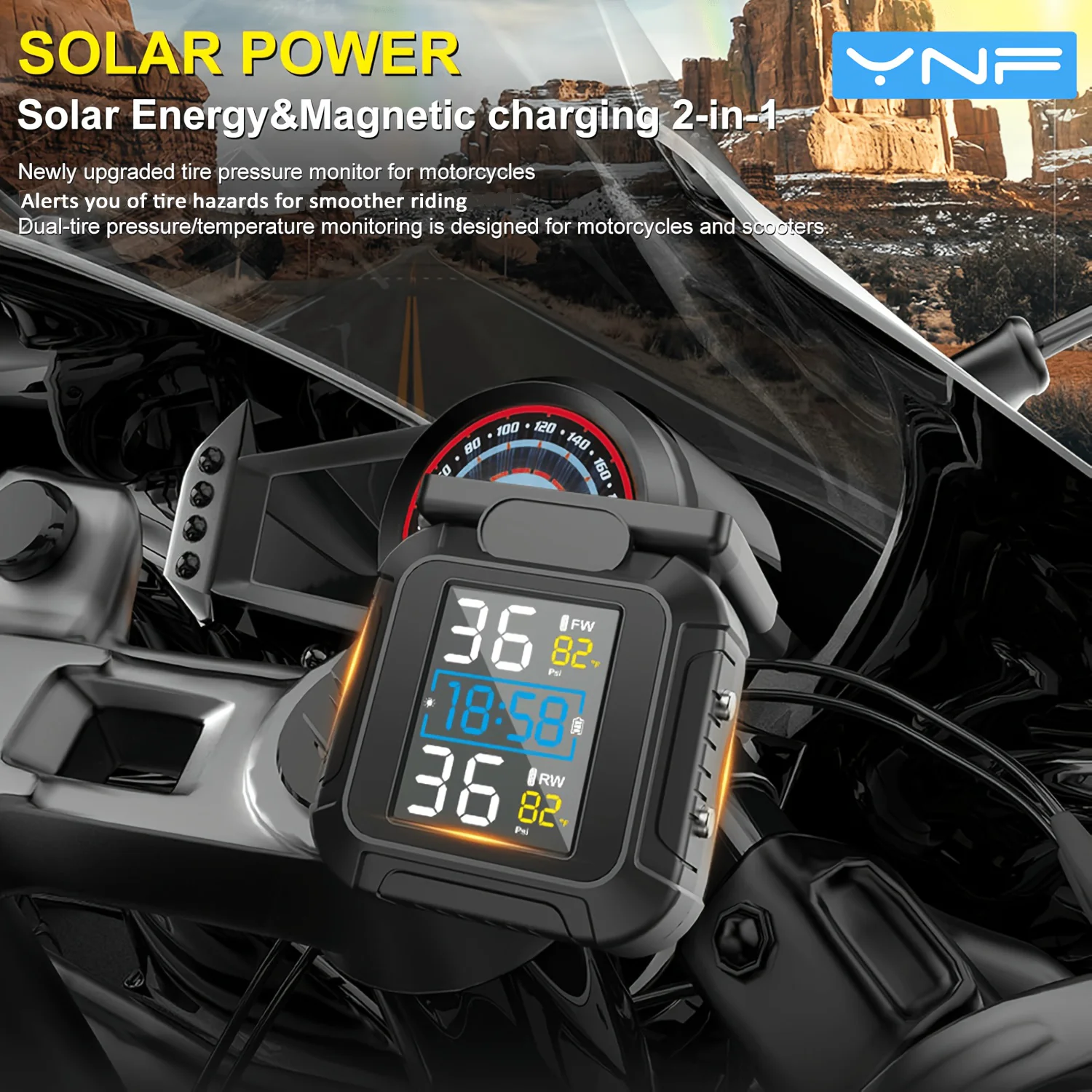 YNF Solar & USB Charge Motorcycle TPMS, 2 External Sensors, Real-time Tire Pressure & Temperature Alarm, LCD Display with Clock
